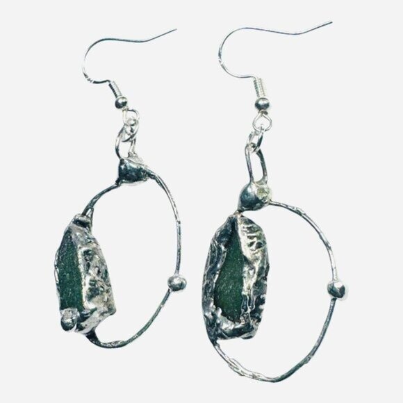 Natural Moldavite & Sterling 925 Boho Metalwork Earrings - Picture 14 of 17